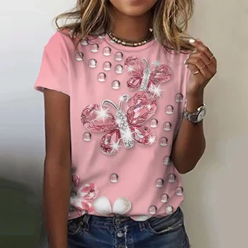 Женские футболки, Летние модные топы с короткими рукавами в стиле Харадзюку с 3D принтом Бабочки, Женская одежда, повседневные футболки с круглым вырезом оверсайз