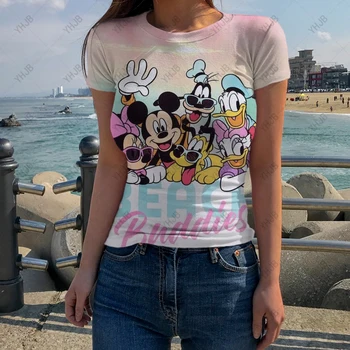 Женская футболка Disney с Микки Маусом и круглым вырезом, Короткий рукав, приталенный Крой, Классическая футболка для взрослых в стиле Ретро с рисунком Микки Мауса
