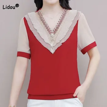 Элегантная модная Женская шифоновая блузка с кружевными вставками и коротким рукавом, Летняя Женская одежда, Корейская повседневная рубашка с V-образным вырезом, расшитая бисером