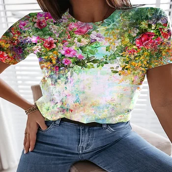 2022 Новая женская повседневная блузка с круглым вырезом и 3D принтом, футболка с короткими рукавами и абстрактным цветочным принтом