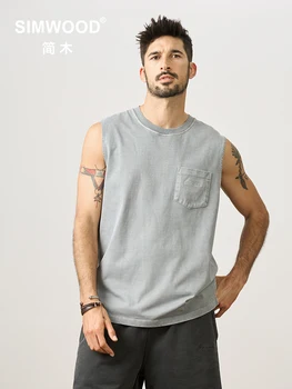 SIMWOOD 2023, Летние новые винтажные футболки большого размера без рукавов, Мужские футболки в ретро-американском стиле для занятий в тренажерном зале, топы из 100% хлопка