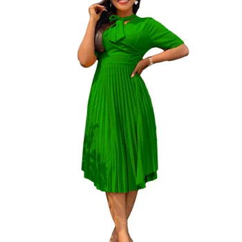 Африканское Плиссированное платье, Женские халаты с коротким рукавом и высокой талией, Летняя Новинка, Модное Однотонное Офисное Женское Длинное африканское платье Vestidos 2023