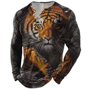 Мужские хлопковые футболки с длинным рукавом, винтажные топы с 3D принтом тигра, футболки с V-образным вырезом, повседневные футболки в стиле Харадзюку в стиле хип-хоп, модная мужская одежда