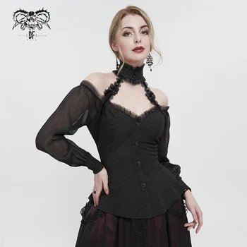 Женская рубашка Steel Master для ночного клуба Gothic Victoria с Длинным рукавом и стоячим вырезом, Кружевной Шифон, Сексуальный Черный