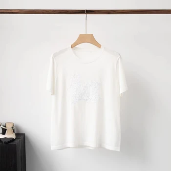 Женская футболка 2023, Летняя новинка, Трикотажная шелковая футболка с вышивкой и короткими рукавами