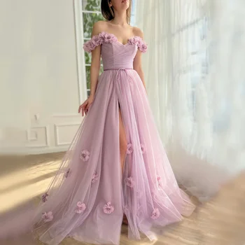 Невес элегантный 3D цветок платье принцессы вечернее платье сладкий сторона Сплит Vestidos де Noche тюль платье выпускного вечера