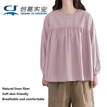 Льняная Весенне-осенняя Женская футболка с круглым вырезом и длинными рукавами в стиле Ретро, уменьшающая возраст, Свободная кукольная рубашка с девятиточечным рукавом, топ для толстых девочек 4XL