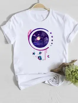 Женская повседневная одежда, Женские футболки, космическая акварель, футболки с принтом Луны и Звезды, короткий рукав, Модная женская футболка с графическим рисунком