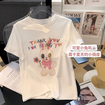 Летняя новая хлопковая футболка с короткими рукавами и рисунком милого кролика, женские футболки, модная одежда Kawaii для девочек, топы, футболки Y2k