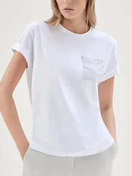 Женские белые или серые футболки с завитками, карманная цепочка с круглым вырезом, 2023 Летние Новые Женские футболки с коротким рукавом