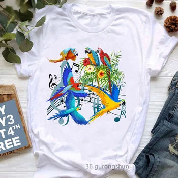 Футболка с принтом Музыкальных нот Parrot Flying Among-St, Женская одежда, Забавная футболка Для Меломанов, Женская одежда Kawaii, Летняя футболка