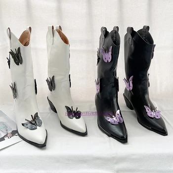 Осенняя модная женская обувь, ботильоны на толстом каблуке с 3D бабочкой, ботильоны с острым носком и рукавами