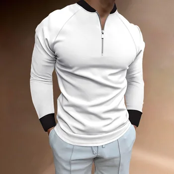 Осенняя новая мужская рубашка поло с длинным рукавом, футболка на молнии с круглым вырезом, приталенная рубашка поло, топ для мужчин