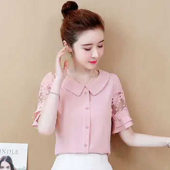 Модная шифоновая нижняя рубашка с короткими рукавами, женская летняя новая корейская тонкая блузка с кукольным воротником, топ