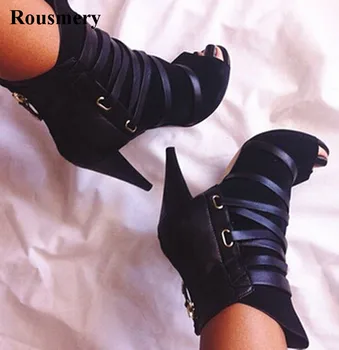 Женские черные замшевые ботинки на высоком каблуке с открытым носком, на шнуровке, Короткие ботинки на молнии сзади, с вырезами