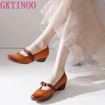 GKTINOO/Брендовая обувь; Женские туфли-лодочки на толстом каблуке; Коллекция 2023 года; Женская обувь ручной работы на квадратном каблуке с острым носком;