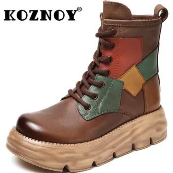 Koznoy/ Женская Однотонная обувь на толстой молнии 5 см, осень-весна, Мотоциклетные Ботильоны до середины икры, Британская обувь из натуральной кожи на Платформе, Смешанный Цвет