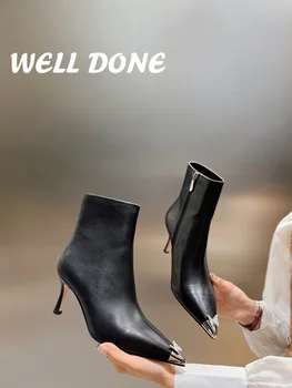 23 новые женские ботинки из натуральной кожи на высоком остром каблуке с верхом из овчины и подкладкой из свиной кожи для модной и удобной обуви