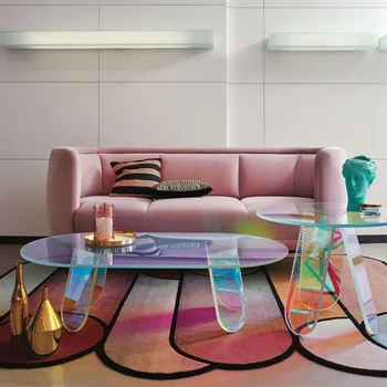 Скандинавский Прозрачный Акриловый стол, Простой мини-столик, Красочный Лазерный Круглый Журнальный столик, Прикроватная тумбочка для спальни, мебель для гостиной