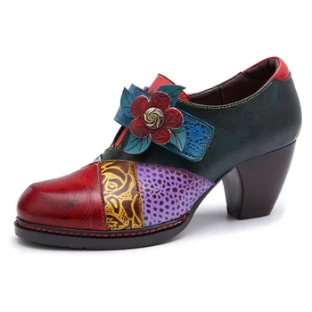 Женские туфли-лодочки в стиле ретро из натуральной кожи, Женская обувь из натуральной кожи с тисненой вышивкой, ремешок с пряжкой, Цветная вставка на высоком каблуке толщиной 4,5 см