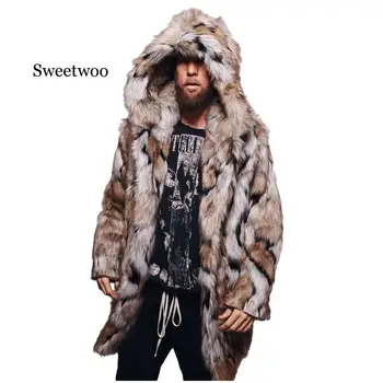 Зимнее мужское пальто из искусственного меха, куртка из лисьего меха, модное мужское теплое леопардовое толстое пальто с капюшоном, куртка, верхняя одежда из искусственного меха, пальто