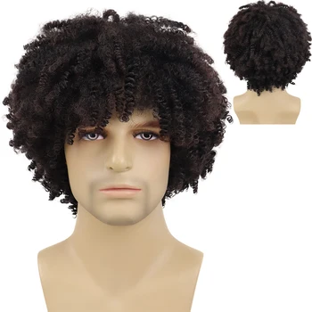 GNIMEGIL Синтетический афро-кудрявый парик с челкой для мужчин, Парик из коротких натуральных волос, мужской парик 80-х, костюм для Хэллоуина, Парик для косплея, Парики