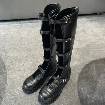 Elmsk Высокие уличные ботинки в стиле панк, винтажные кожаные ботфорты Mary Janes до колена, мотоциклетные ботинки, женские ботинки