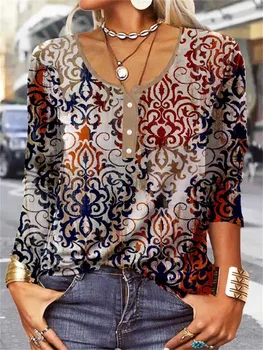 Женская Осенне-зимняя Свободная футболка с длинными рукавами и геометрическим цветочным узором, U-образный вырез, пуговицы, Женские топы, Женская одежда