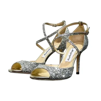 Женские блестящие туфли на высоком каблуке цвета шампанского с толстыми и изысканными открытыми носками, Свадебные туфли на высоком каблуке с застежкой