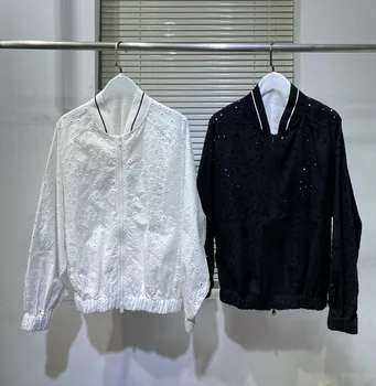 Открытая вышивка 2023, женские бейсбольные куртки на молнии с воротником-стойкой, белые, черные пальто
