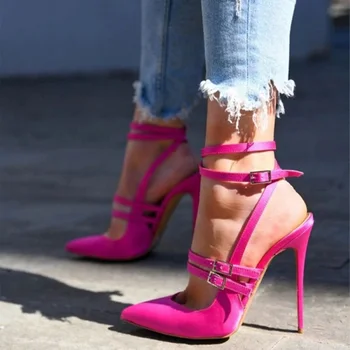 Ярко-розовые Туфли-лодочки на шпильке с ремешком и пряжкой, атласные модельные туфли с острым носком, вырезы на ремешке на щиколотке, тонкие каблуки Для Празднования Невесты