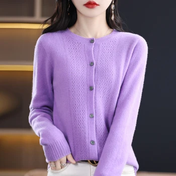 женский свитер с круглым вырезом из 100% чистой шерсти, весенне-осенний новый однотонный женский свитер, вязаный кардиган, полый модный мягкий