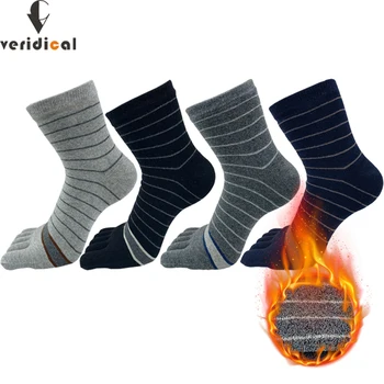 5 пар зимних махровых носков с носком, Мужские Хлопчатобумажные полосатые толстые Антибактериальные дышащие теплые носки для сна на 5 пальцев Sokken