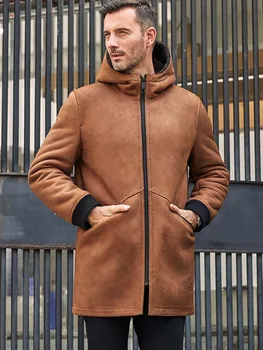 Новое Мужское пальто из овчины, длинная меховая верхняя одежда, зимнее пальто с капюшоном, коричневая кожаная куртка, парки из овчины большого размера