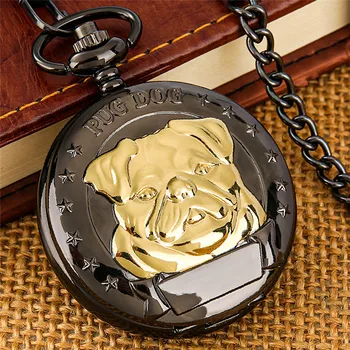 Стимпанк, черный, с гравировкой, золотой Дизайн в виде Мопса, Римский номер, Кварцевые карманные часы для Мужчин, Женские Часы на длинной цепочке, подарок