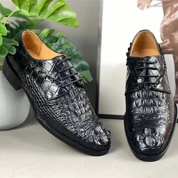 Дизайнерские мужские вечерние туфли из натуральной крокодиловой кожи с круглым носком, мужские оксфорды на шнуровке из натуральной кожи аллигатора