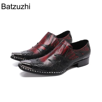 Batzuzhi Модные мужские кожаные туфли в итальянском стиле с острым металлическим носком, винно-красные Официальные деловые модельные туфли Мужские для вечеринки /свадьбы