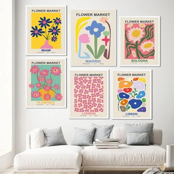 Абстрактный цветочный рынок, Винтажная минималистичная настенная живопись, плакаты на скандинавскую тему и принты, выставочные картины для гостиной
