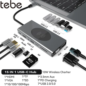 Tebe Док-станция USB-C Type-c к HDMI-адаптеру VGA Gigabit RJ45 Ethernet USB 2.0/3.0 Концентратор-Разветвитель 10 Вт Беспроводное Быстрое зарядное устройство