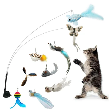 Интерактивная Игрушка для Кошек, Имитирующая Птицу, Перо Мыши с Колокольчиком, Забавный Котенок, Игрушка-Палочка, Сменные Головки, Игрушка-Дразнилка для Кошки в Помещении
