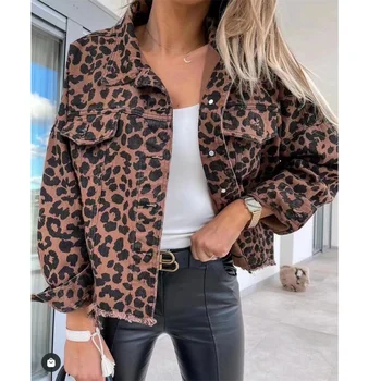Осенняя женская короткая куртка 2023, Модные Сексуальные Джинсы с леопардовым принтом, пальто с длинным рукавом, Женская джинсовая куртка, свободная уличная одежда