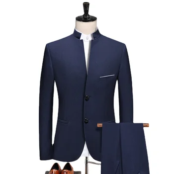 4XL, мужской костюм-стойка в китайском стиле, приталенный комплект из двух предметов/Мужской Блейзер Zhong Shan, куртка, Пальто, Брюки, Брюки 2 шт.