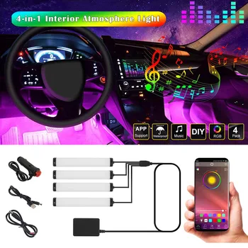 12V Беспроводной USB Автомобильный светильник для салона, потолочный светильник на крыше автомобиля, подсветка для ног с управлением приложением, синхронизация музыки, автомобильный светодиодный светильник