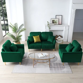 Комплект секционных диванов для гостиной из 3 предметов, Бархатный диван-кресло с металлическими ножками, Мебельный гарнитур, зеленый