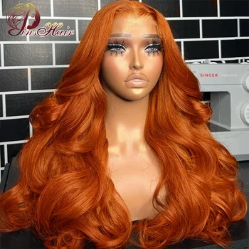 Оранжево-Имбирные парики из человеческих волос на кружеве 13X4, цветные Объемные волнистые парики на кружеве, предварительно выщипанные Прозрачные Парики на кружеве для женщин