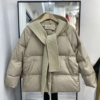 Женская вязаная куртка-пуховик с капюшоном, теплые зимние короткие куртки с хлопковой подкладкой и регулируемой талией, модные парки в корейском стиле, пальто для женщин
