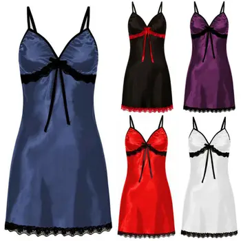 Женская Сексуальная одежда для сна, Кружевное Шелковое Атласное ночное платье, Ночные рубашки без рукавов, ночная рубашка с V-образным вырезом, одежда для сна больших размеров