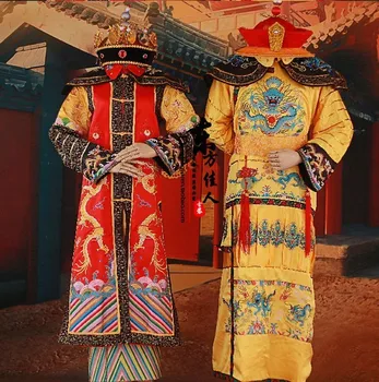 Комплекты костюмов императора и императрицы династии Цин для свадебной фотосъемки пары или сценического шоу, включая шляпы