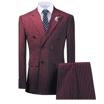 Двубортный пик лацкан блейзер в полоску бордовый двух частей мужской костюм со штанами формальные темно Куртка для свадьбы жениха смокинги