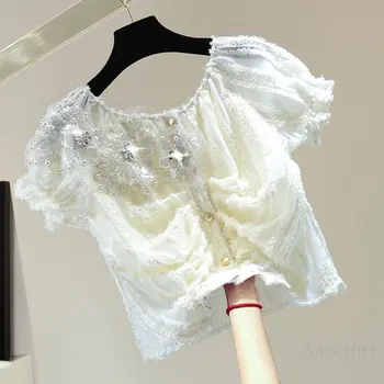 Плиссированная шифоновая рубашка с короткими рукавами, Женская Летняя Корейская мода 2023, Бусины, Стразы, Блестки, Короткая блузка с высокой талией, Топ